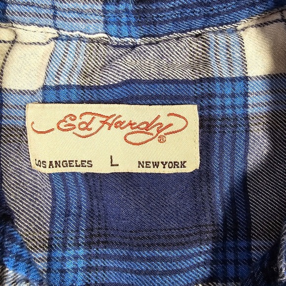 Ed Hardy Shirt Mens‎ Large Blue Plaid Button Up Long Sleeve Outdoors Casual - Picture 5 of 13